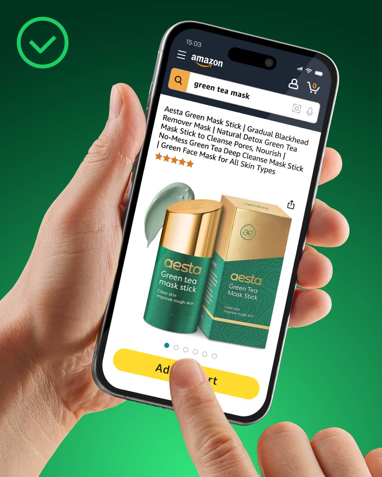 A smartphone showing an optimized Amazon product listing for a shampoo bottle on a green background, illustrating the potential improvements Other Planet Studio can provide to enhance product visibility and appeal.