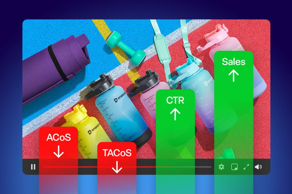 graph of rising metrics like CTR and Sales, over a video that's playing, showing the impact of our videos on sales