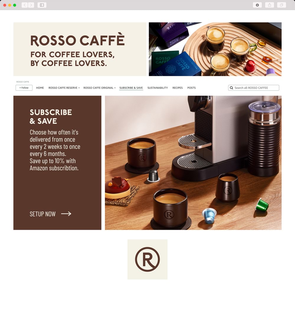 Unlock exclusive benefits with Rosso Caffe Subscribe & Save featured in the middle of your Amazon Storefront experience