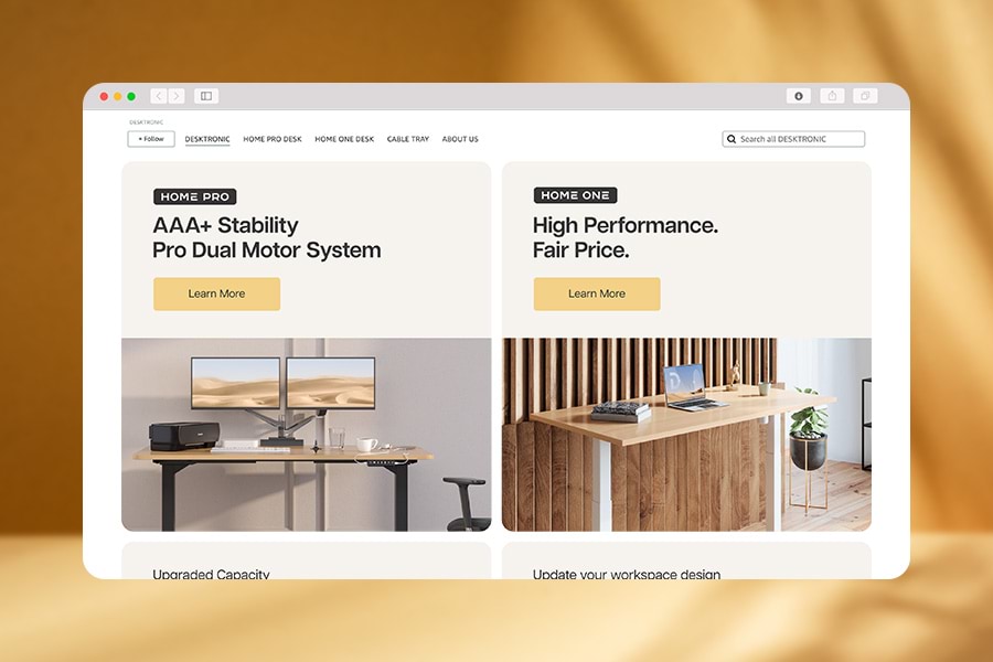 Amazon storefront presents sleek light beige adjustable tables and 3D renders for a modern workspace