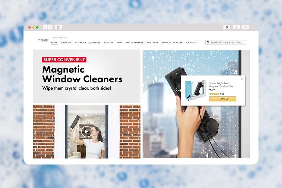 Minimalist cleaning tools with bold red accents are showcased in the middle of your Amazon storefront experience