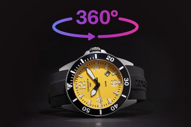360 degree photo and video of watches on dark with bright dial in product photography watches