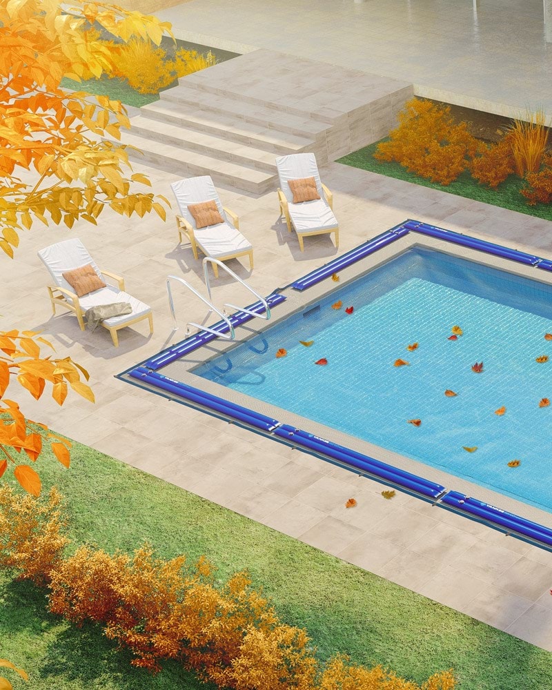 3D model of pool net amidst autumn lawn fallen leaves in 3d product visualization