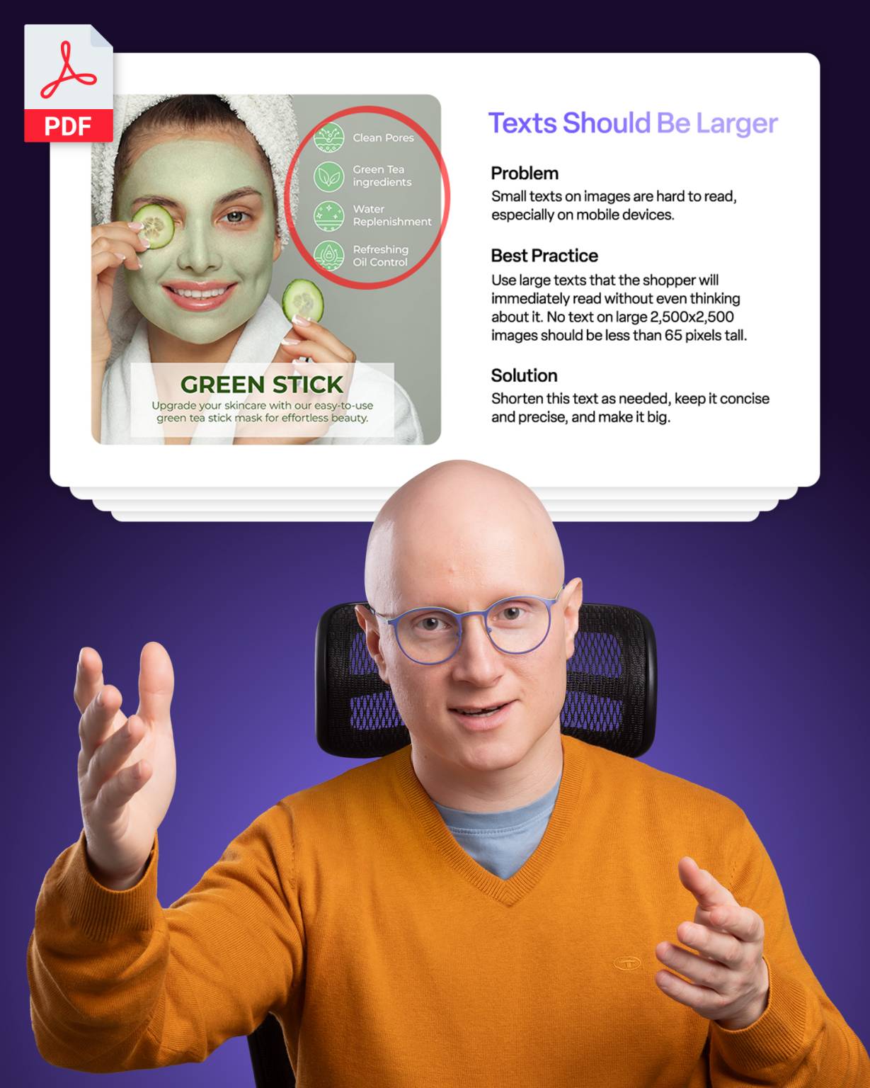 Image of a person explaining the Amazon listing optimization process with a downloadable PDF graphic, outlining the steps taken by Other Planet Studio for effective listing improvements.