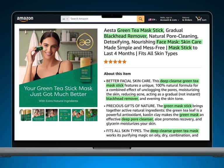Example of an Amazon product listing with text describing search engine optimization services, highlighting the SEO work done by Other Planet Studio to improve Amazon listings.