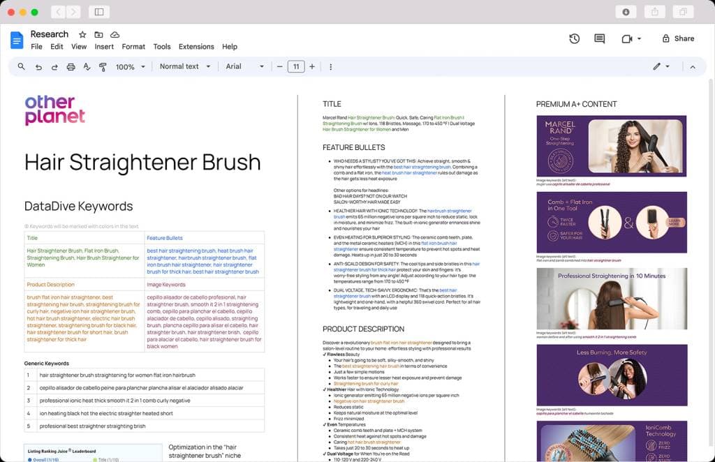 Keyword-optimized Amazon product listing example for a hair straightener. The detailed listing includes feature bullets, a product description, and A+ content designed to rank higher in Amazon search and attract more clicks.