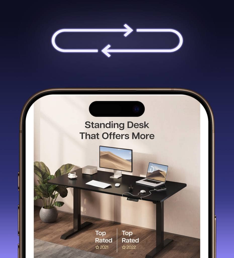 A mobile phone showing a sleek standing desk listing with top-rated badges, created through a professional amazon product photo shoot to generate high-quality amazon fba product photos, ensuring a quick return on investment (ROI) for FBA sellers.