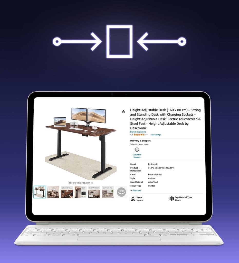 A product listing of a height-adjustable desk displayed on a tablet screen, created with professional amazon product photography to boost click-through rates (CTR) by using optimized amazon listing images and visually stunning amazon product photos.