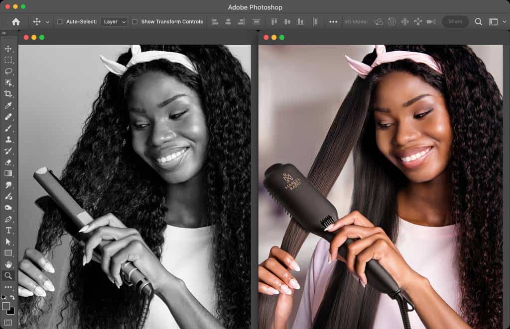 Hair straightener promotional images combining product photography with digital compositing to create realistic visuals of hair-straightening benefits. This technique demonstrates cost-effective solutions for high-quality amazon fba photography services.