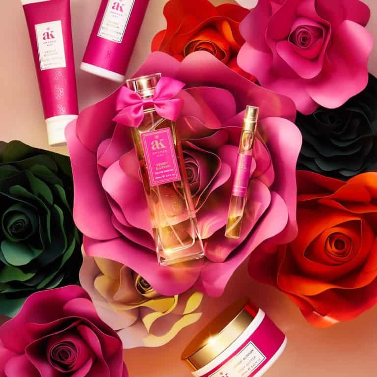 Cosmetics product photography of skincare products among paper roses in quality photo studio vibrant setting