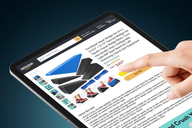 Customer selecting products on Amazon tablet in copywriting services