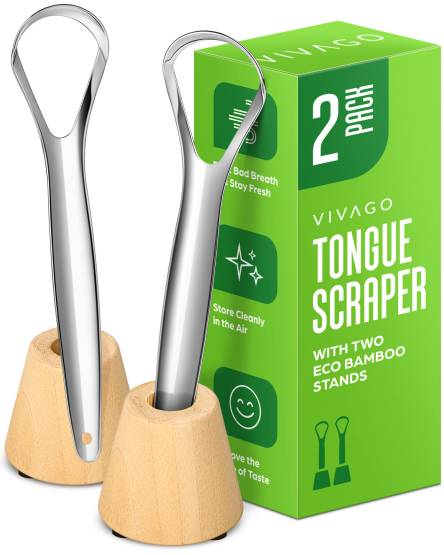 Elegantly shown in professional white background photography our tongue scraper with two eco bamboo stands enhances oral hygiene