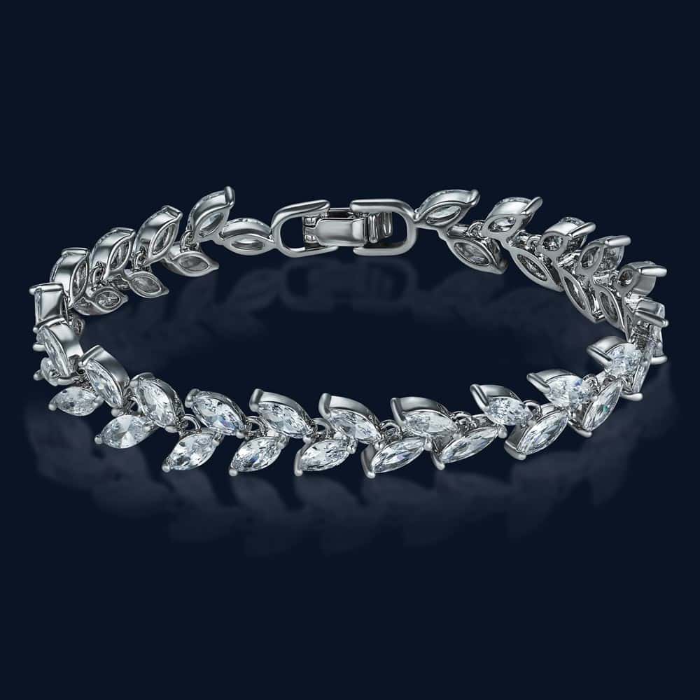 Floral themed Silver Bracelet with white gems in packshot ecommerce showcasing professional jewelry photography After
