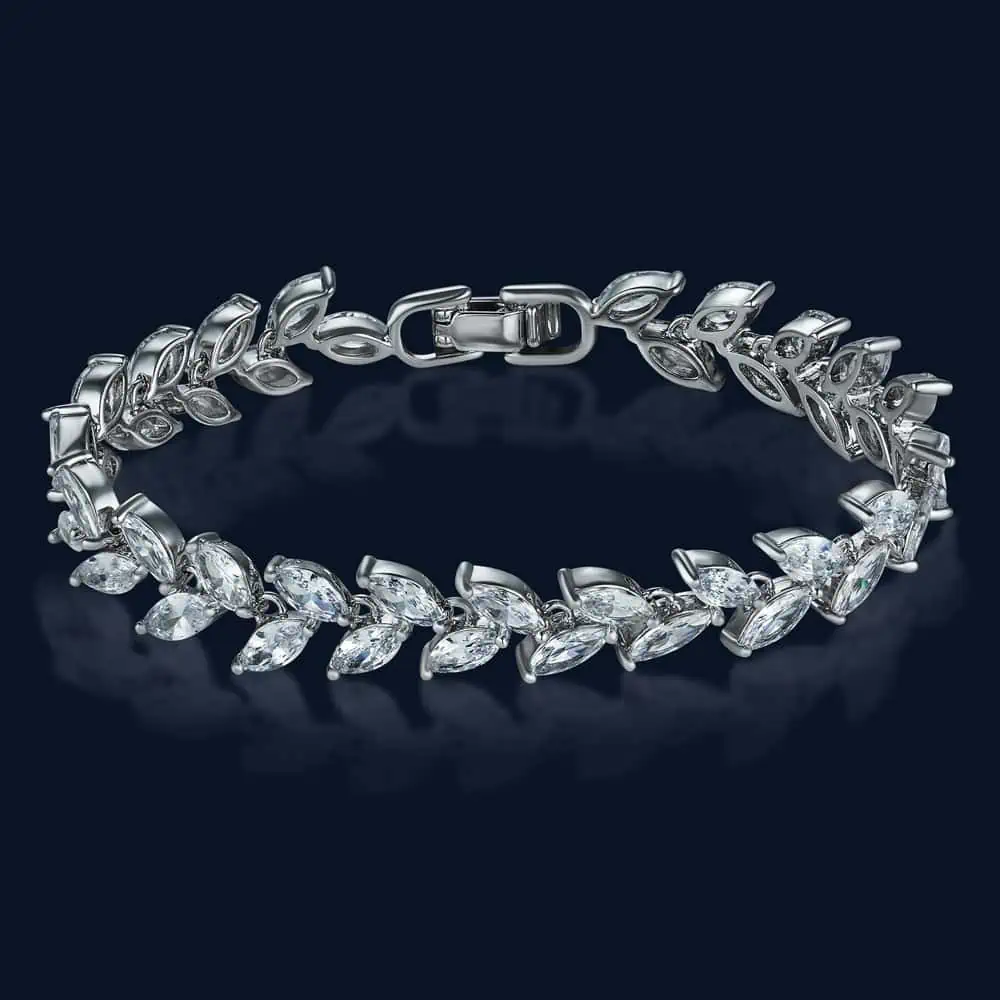 Floral themed Silver Bracelet with white gems in packshot ecommerce showcasing professional jewelry photography After