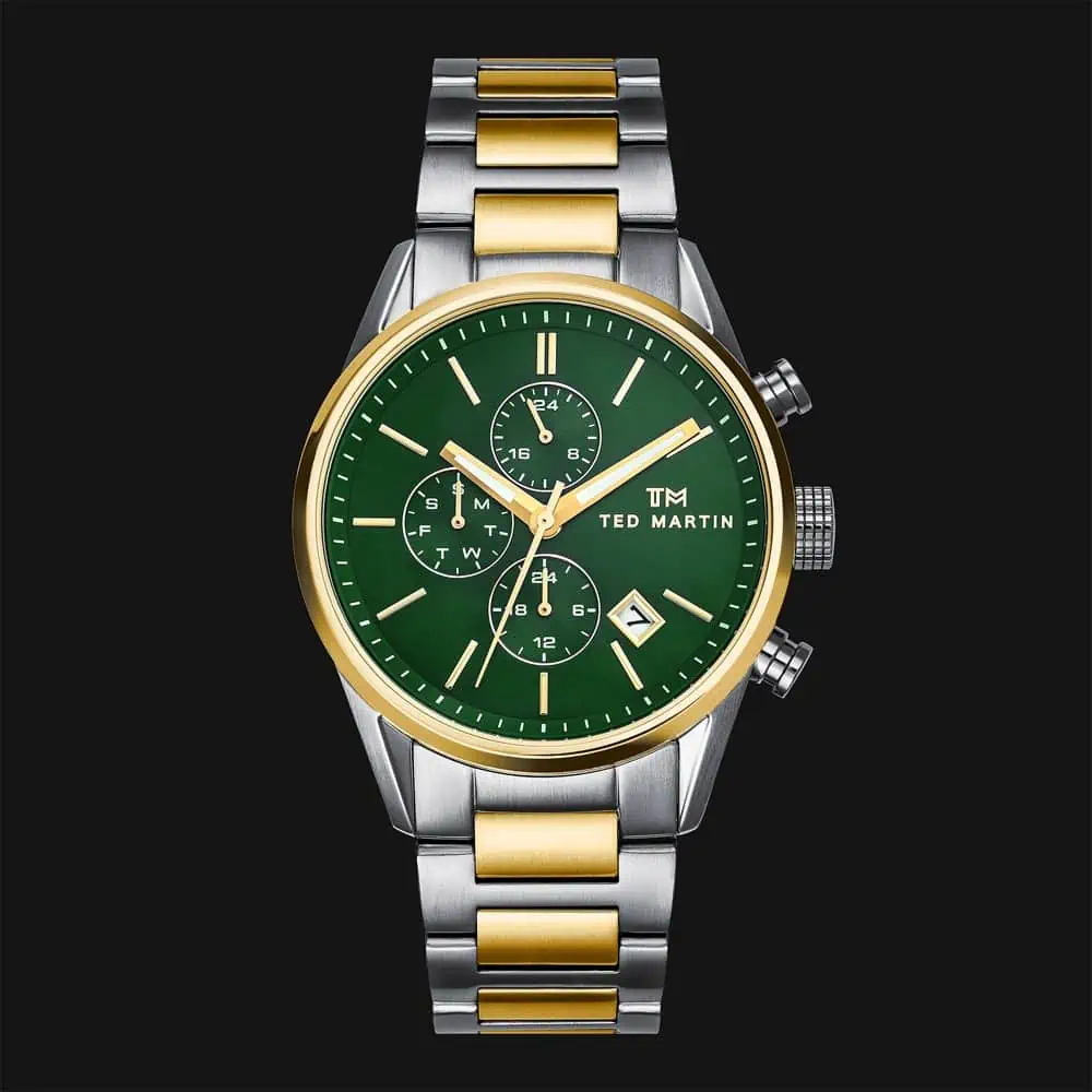 Gold and silver metal watch with green dial a masterpiece in product photography watches and packshot photography