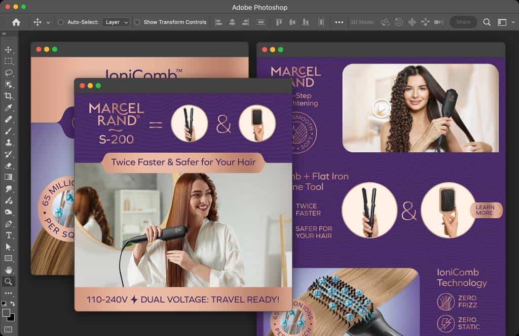 Infographics showcasing a hair straightener's ionic technology, ergonomic design, and styling benefits. These expertly designed graphics combine clean visuals and informative content to enhance amazon product photography service offerings.
