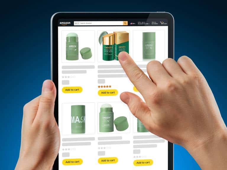 Tablet screen displaying analytics for click-through rate improvements, demonstrating how Other Planet Studio's services increase Amazon listing engagement.
