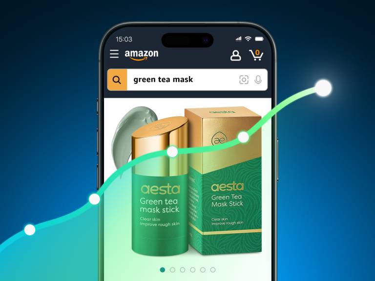 A smartphone showcasing a well-designed Amazon listing with increased conversion rate metrics, indicating Other Planet Studio’s success in turning clicks into sales.
