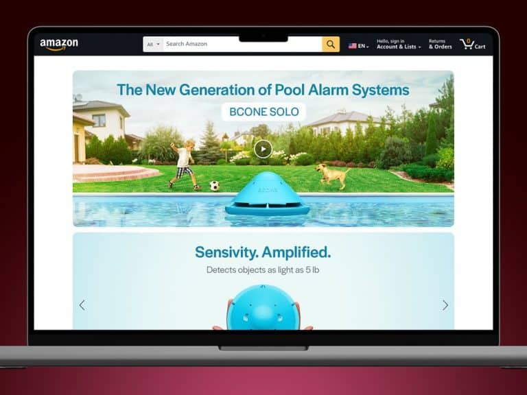 Laptop displaying A+ Premium Content for a pool alarm device in amazon designer