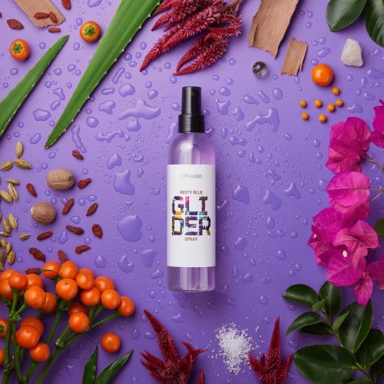 MISTY BLUE glitter spray under product photography cosmetics dances with lifestyle photographers lilac raindrops