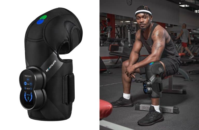 Man sitting in gym using leg massager in lifestyle product photography services