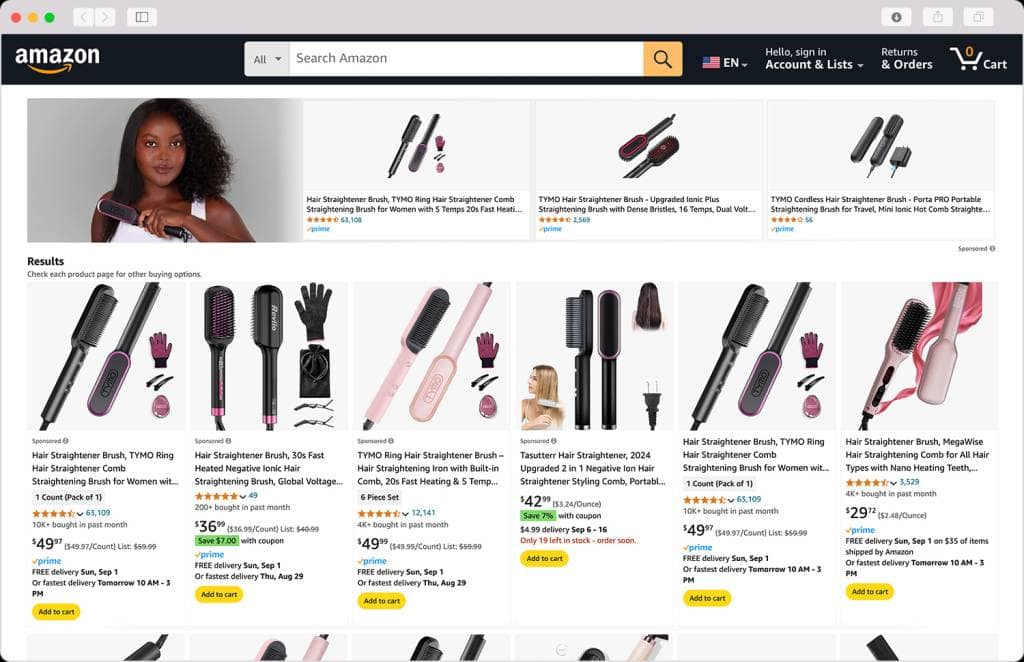 Screenshot of Amazon search results for hair straightening brushes, showcasing extensive competitor research conducted as part of the marketing strategy to optimize product listings. This research highlights product benefits, improves amazon listing photos, and ensures your listing ranks above competitors.