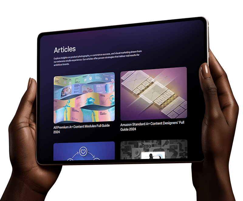 female hands holding an iPad with an open Articles page from the Other Planet Studio website