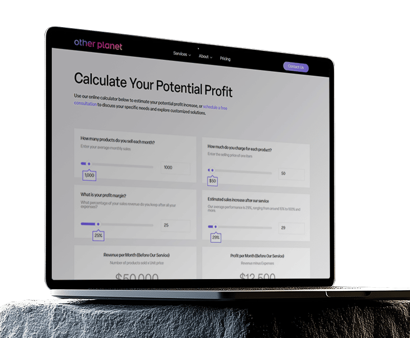 Calculate your potential profit from Amazon product photography page on Other Planet Studio website