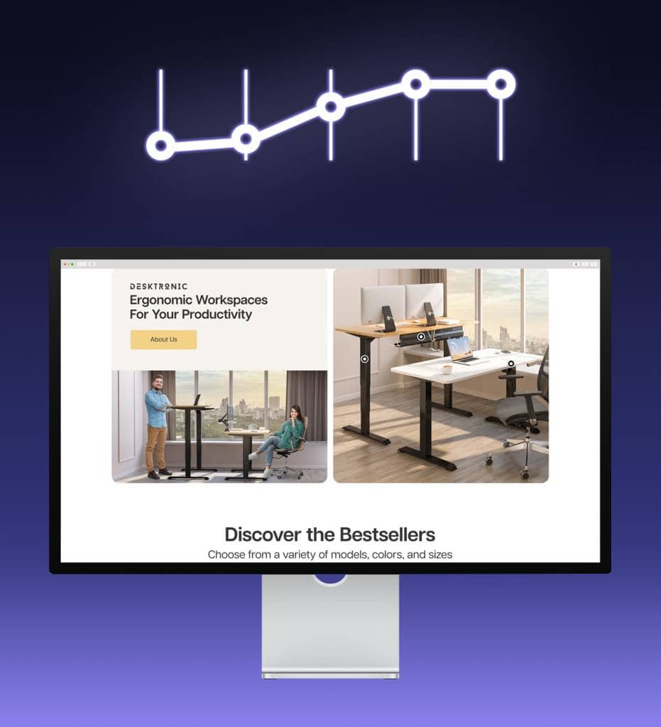 A computer monitor displaying a website with ergonomic standing desks, designed with professional amazon photography and amazon fba photography to enhance product images for amazon listings and significantly increase conversion rates (CVR).