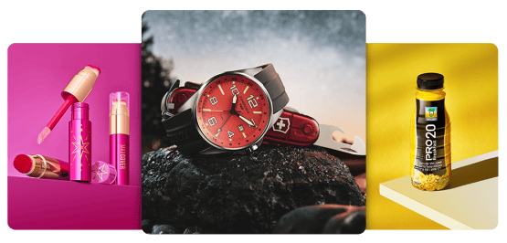 Colorful cosmetic products, watch, and supplement bottle for pricing showcase.