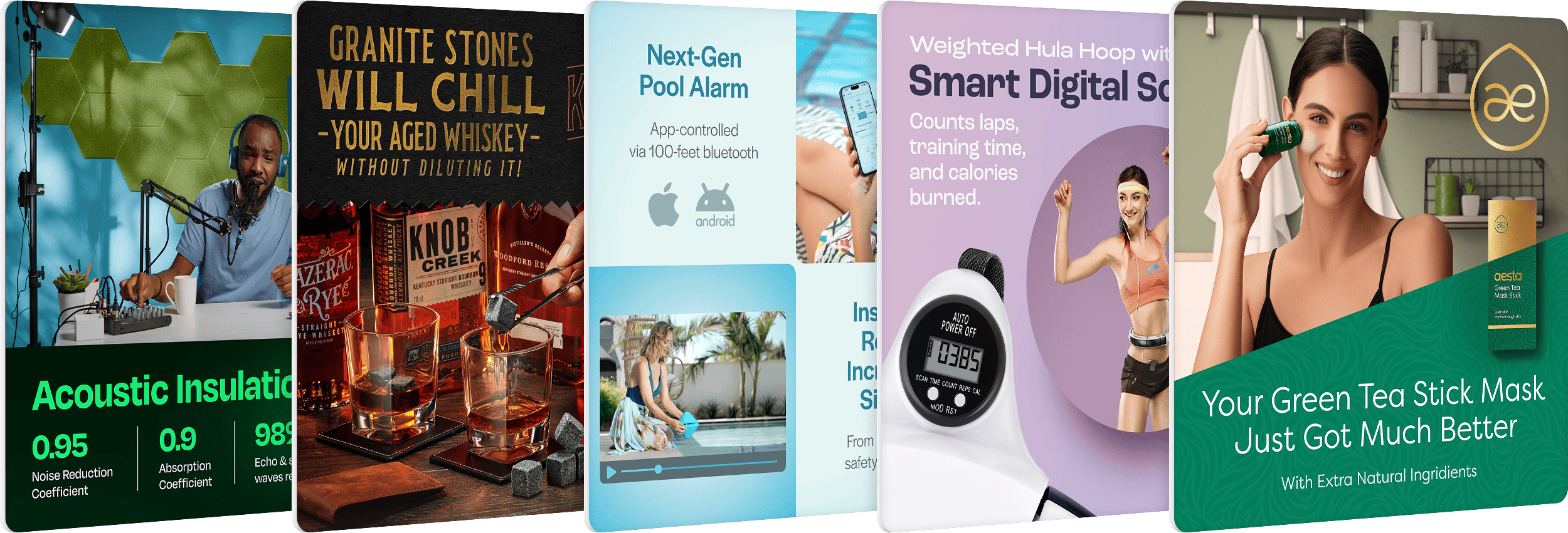 A showcase of diverse product images, including acoustic panels, whiskey stones, pool alarms, digital fitness devices, and skincare products, created by an amazon product photo studio specializing in professional amazon fba product photography, amazon listing photography, and optimized images for amazon listings.