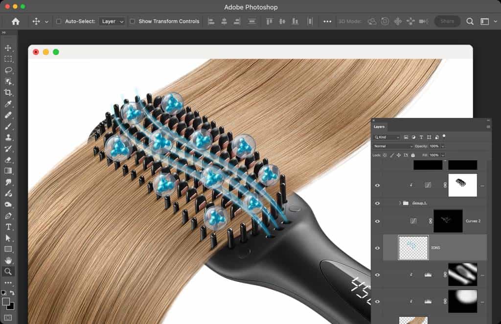 Closeups of a hair straightener showcasing ionic technology and anti-scald bristles, retouched using advanced techniques like focus stacking and color correction to create polished images for amazon product listing photography.