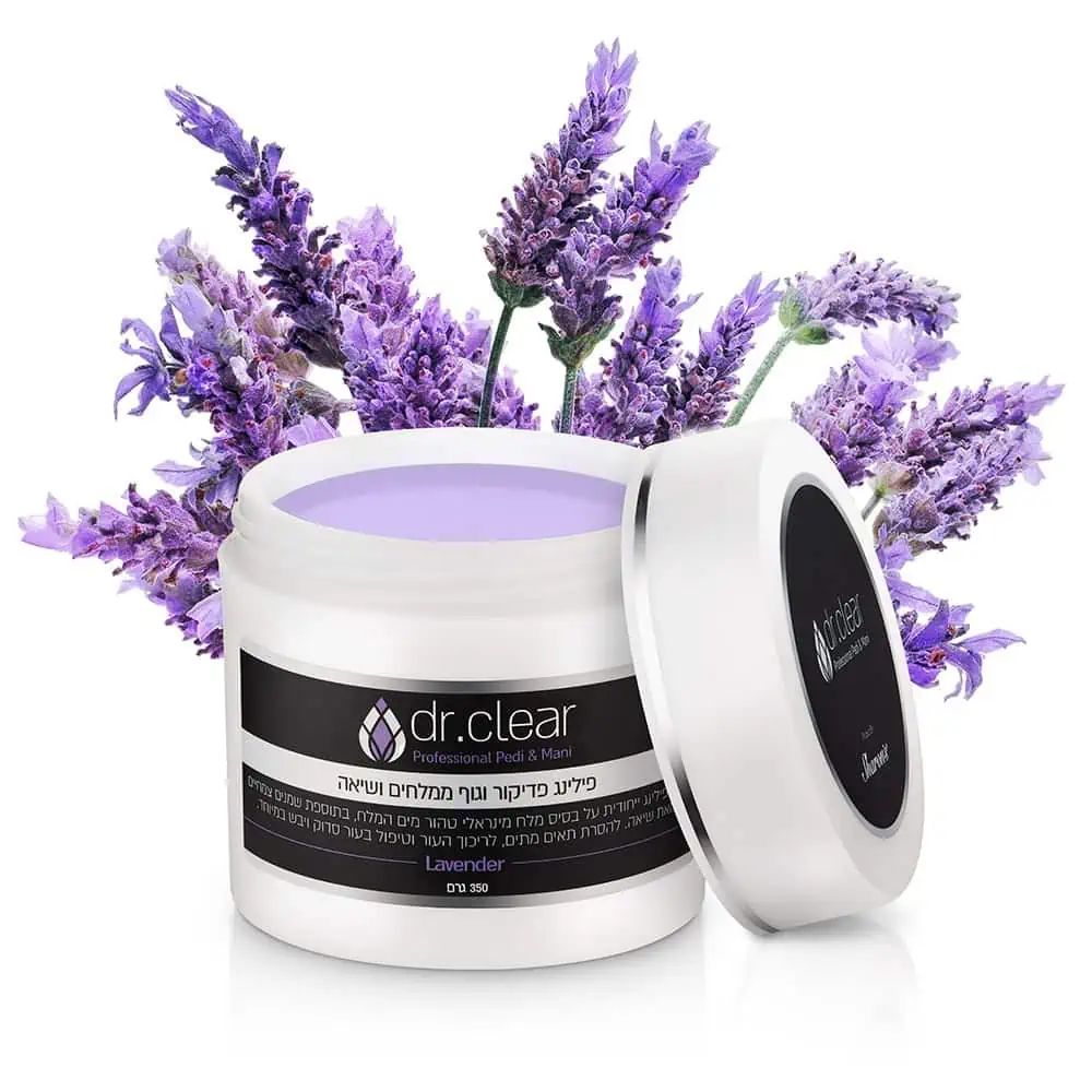 Purple cream in white jar lavender flowers on white in makeup cosmetics photography packshot photography