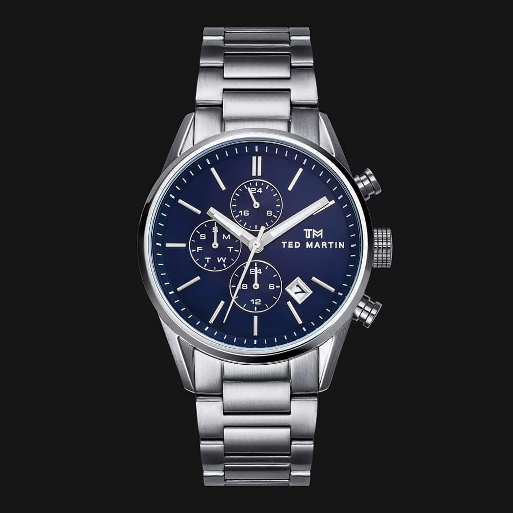 Shiny silver watches blue dial in watches photography packshot ecommerce