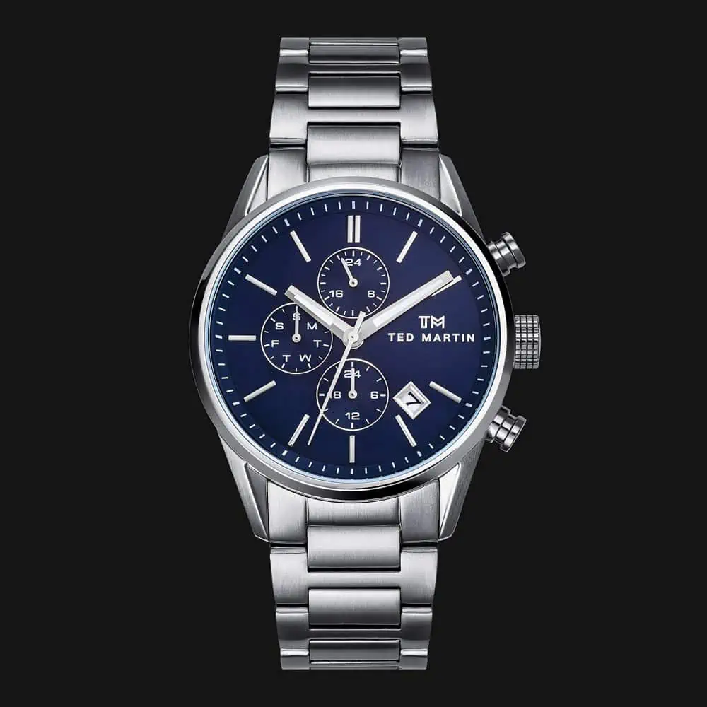 Shiny silver watches blue dial in watches photography packshot ecommerce