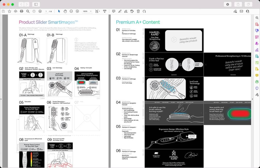 Detailed sketches of a hair straightener with captions highlighting product benefits such as ionic technology and anti-scald features. These sketches demonstrate early-stage conceptualization and copywriting to maximize product visibility in amazon listing photography.