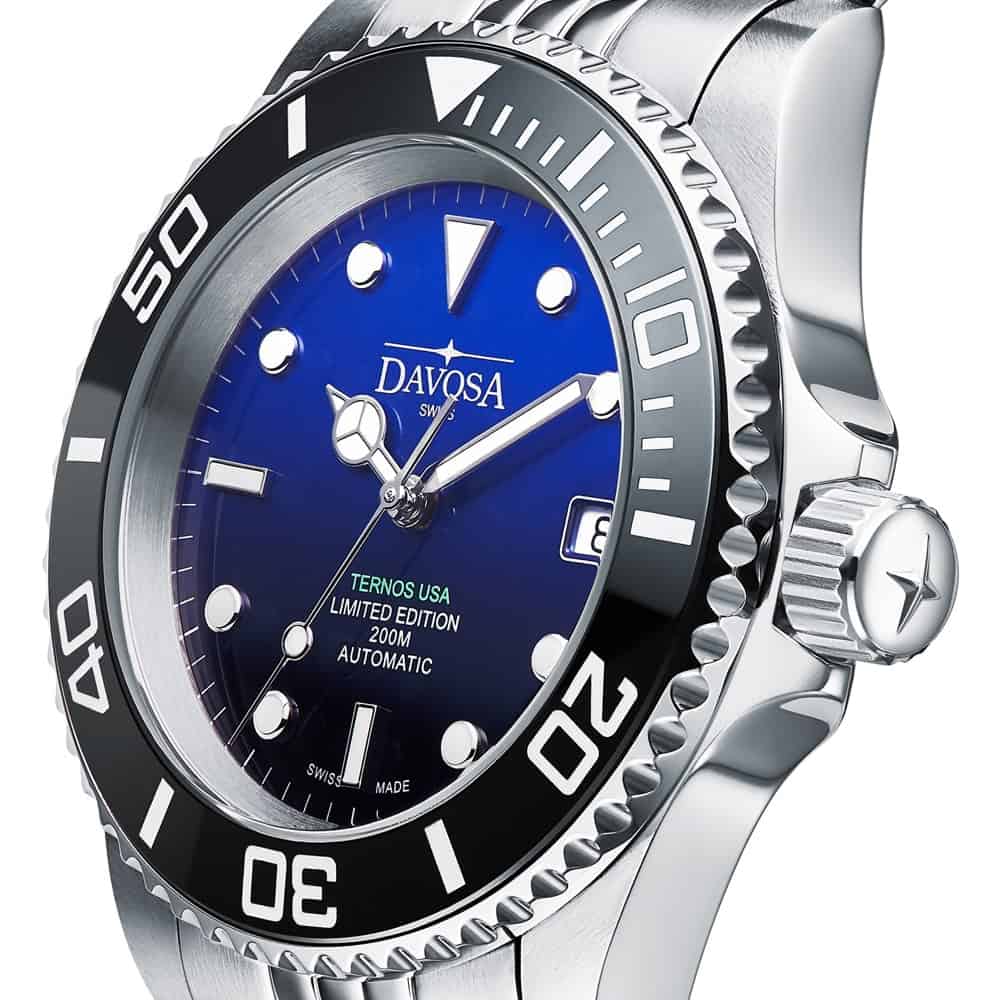 Sophisticated metal watch with a black mirror bezel showcased in product photography on white background and product photography watches side view After