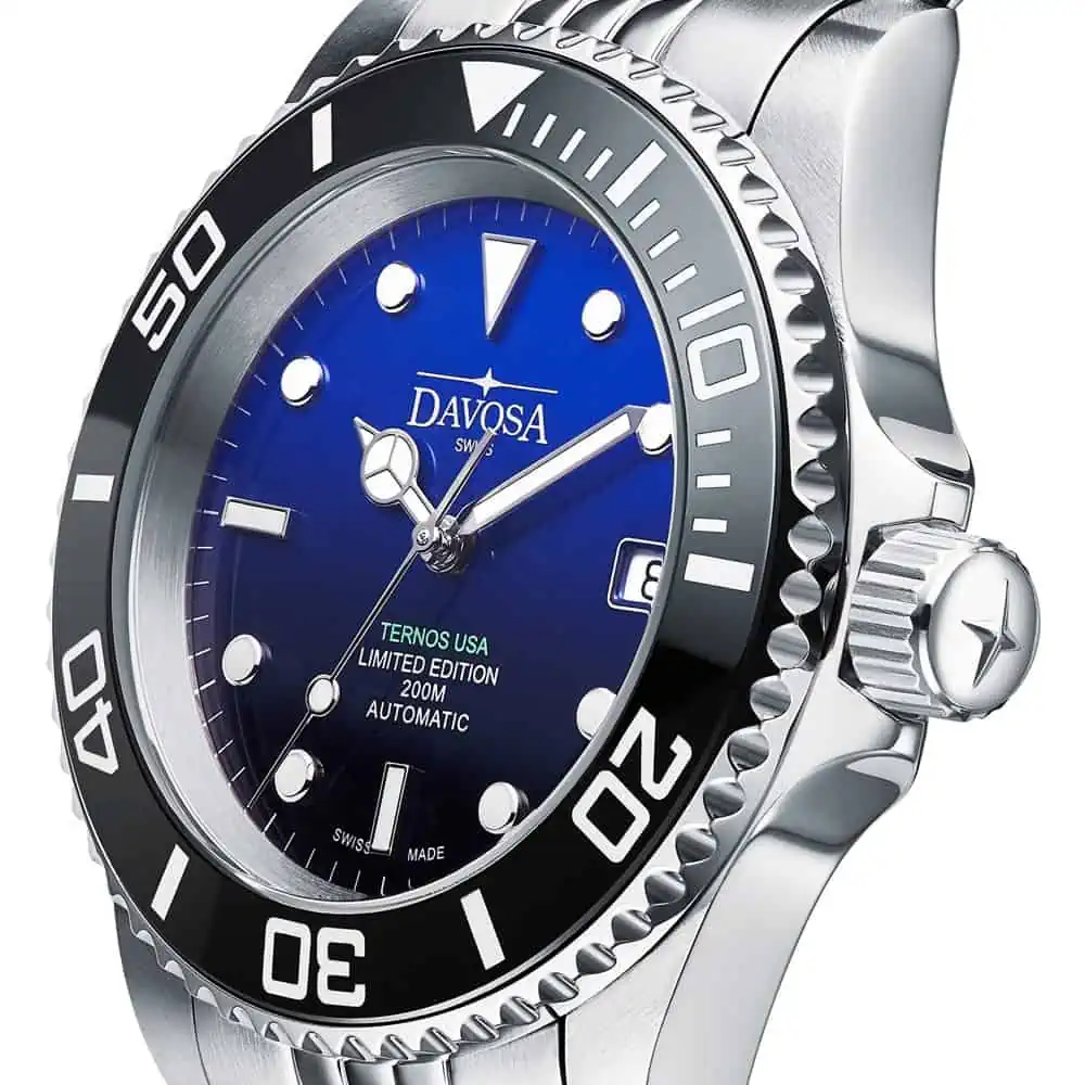 Sophisticated metal watch with a black mirror bezel showcased in product photography on white background and product photography watches side view After
