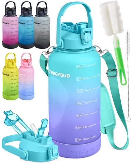 Stay hydrated with our stylish one gallon gradient bottle featuring universal lid and cleaning kit highlighted in amazon product images