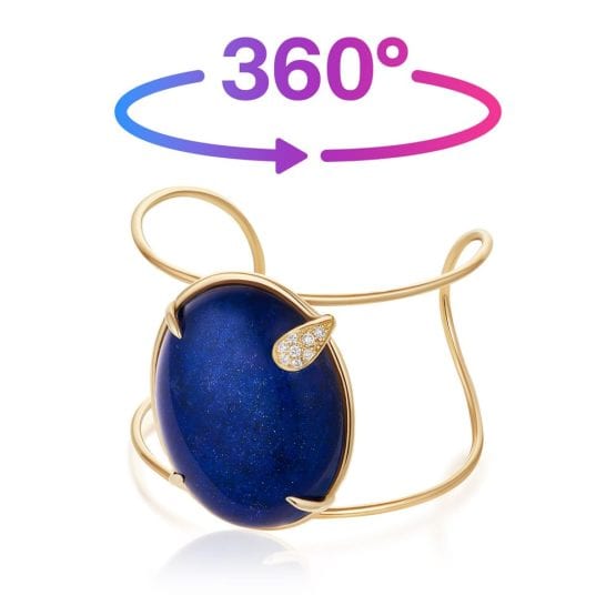 Unique gold bracelet with large blue stone 360 photo video in jewelry product photography professional white background photography