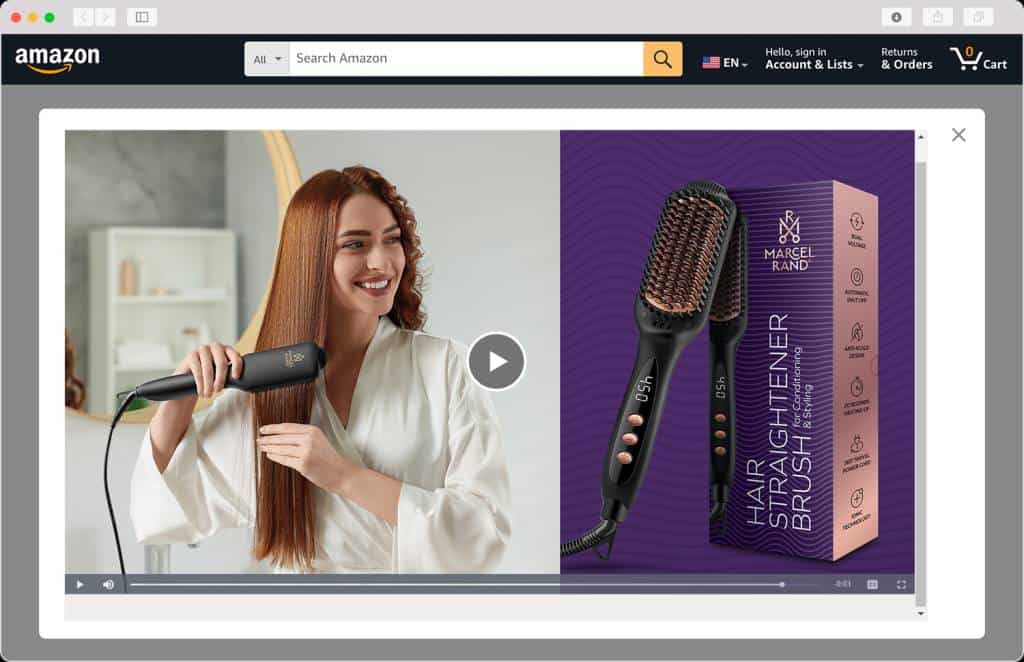 A split-screen image showcasing a hair straightener being used in a lifestyle video and a product shot with packaging, representing Amazon video production services. Includes a cohesive blend of motion graphics, lifestyle footage, and product highlights to drive consumer engagement and complement amazon product photography.
