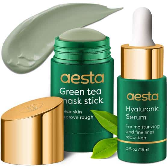 amazon photography highlights the green tea mask stick and hyaluronic serum in green and gold packaging